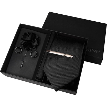 Herren Krawatten-Set mit Accessoires – Schwarz