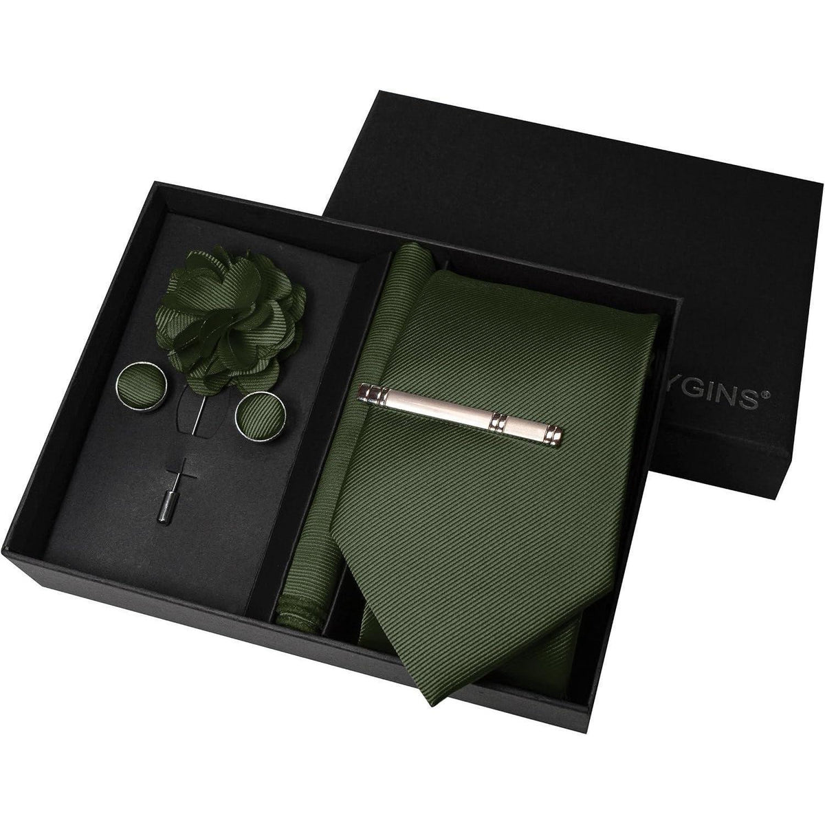 Herren Krawatten-Set Olivgrün mit Accessoires – Geschenk für Business & Hochzeit