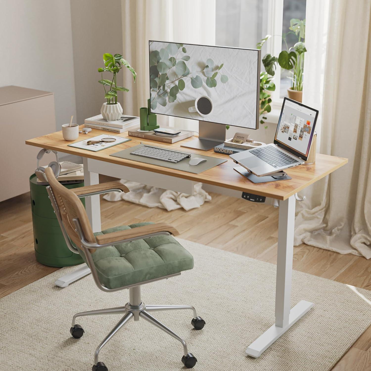 Elektrischer Stehschreibtisch 120 * 60 Holz mit Schublade, Höhenverstellbarer Schreibtisch, Ergonomisch, Memory-Funktion, Hellbraun