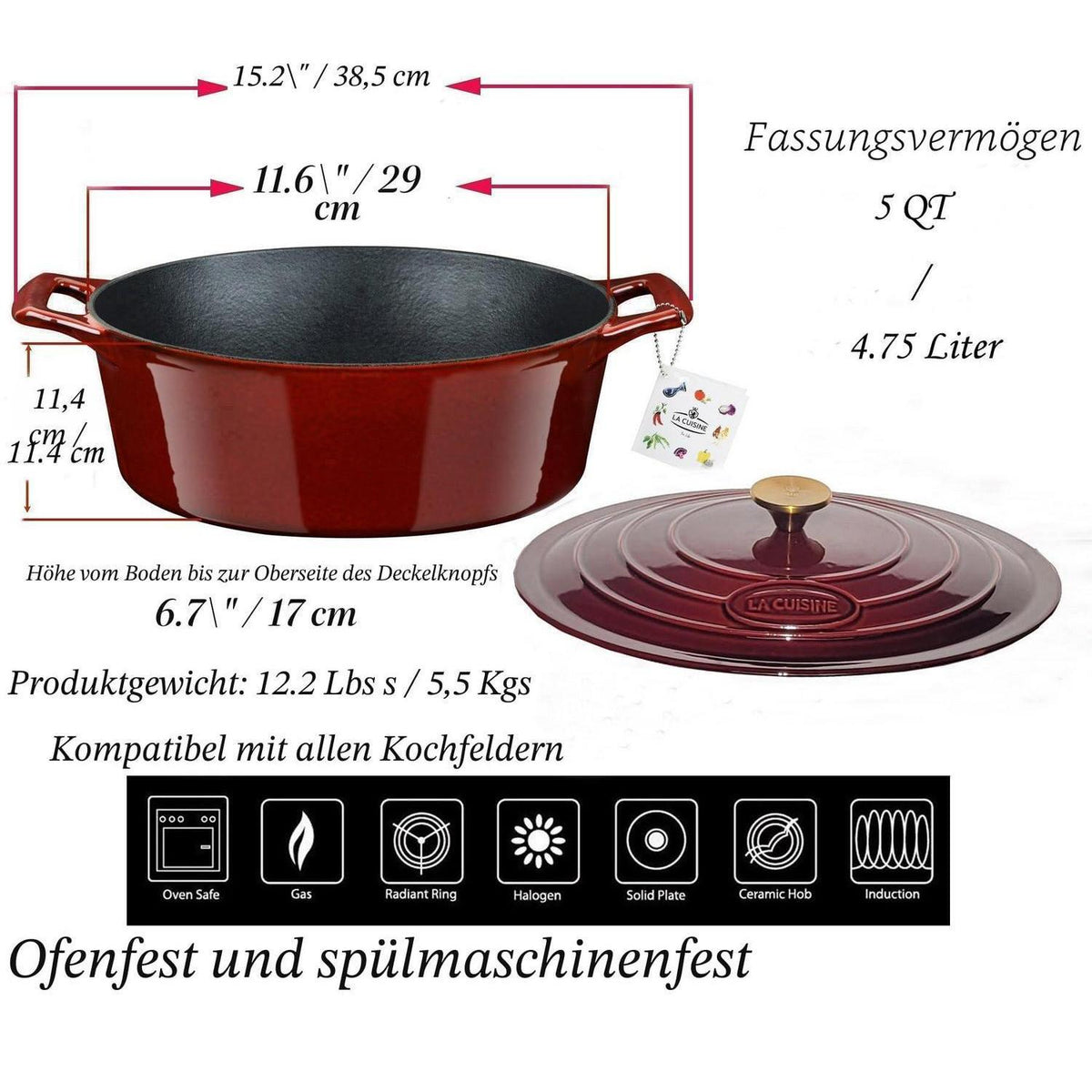 Gusseiserner Schmortopf oval, 5 Liter, Cranberry Rot