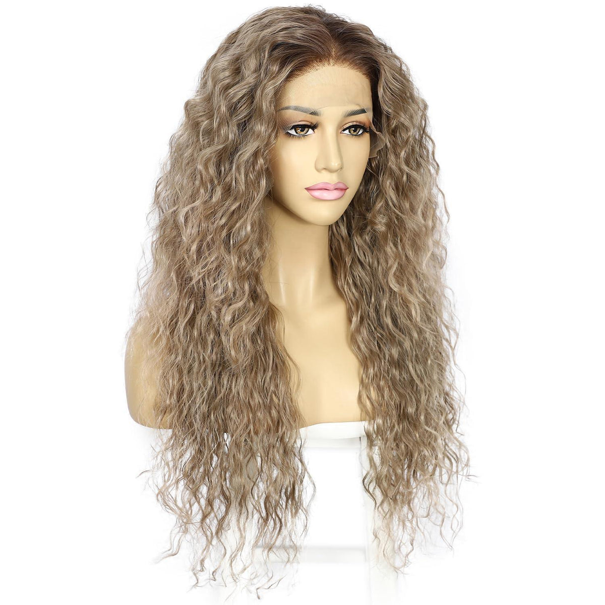 Lockige Ombre Braun Lace Front Perücke Synthetisch 26 Zoll