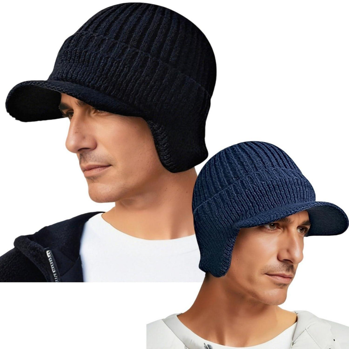 2x Wintermütze Herren mit Ohrenklappen & Krempe Schwarz+Blau