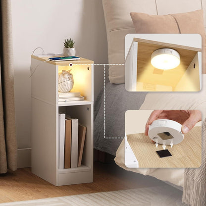 MAHANCRIS 2er-Set Beistelltische mit Ladestation und LED-Licht in Braun und