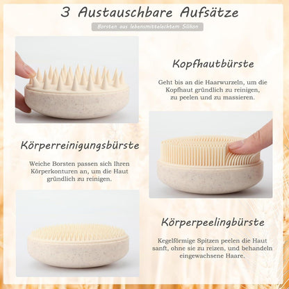 FREATECH 3-in-1 Silikon Körper-Rückenschrubber & Wechselbürsten, Bade Dusch Peeling Haarmassage Kopfhautschrubber