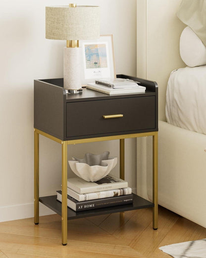 Schwarzer 3-Tier Nachttisch mit Schublade und Regal