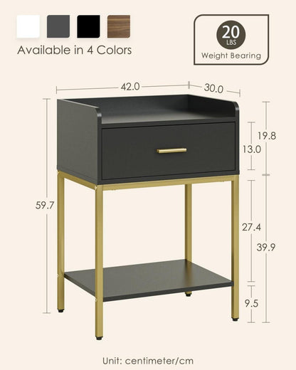 Schwarzer Nachttisch mit Schublade und Regal, 3 Ebenen