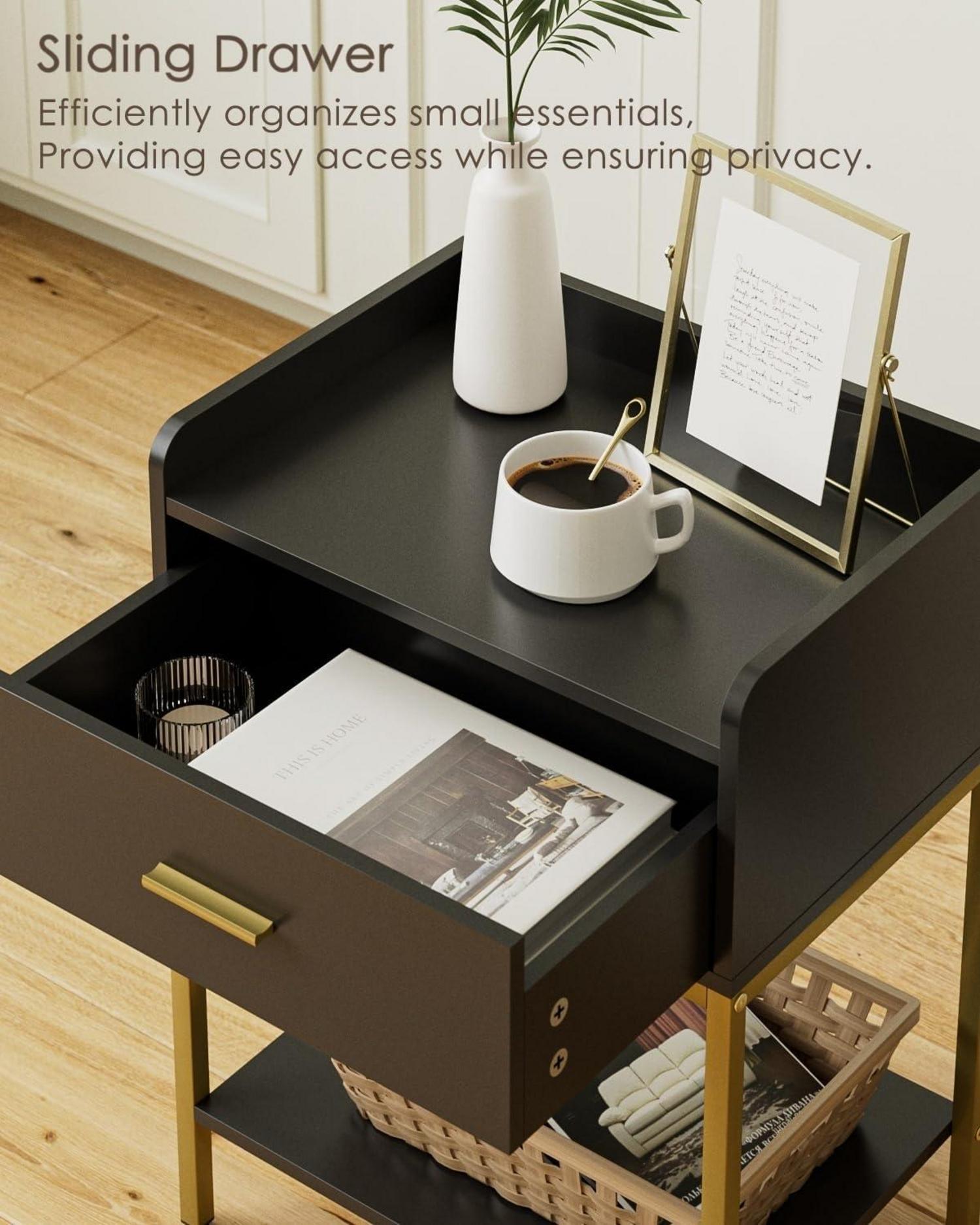 Schwarzer moderner 3-Tier Nachttisch mit Schublade und Regal