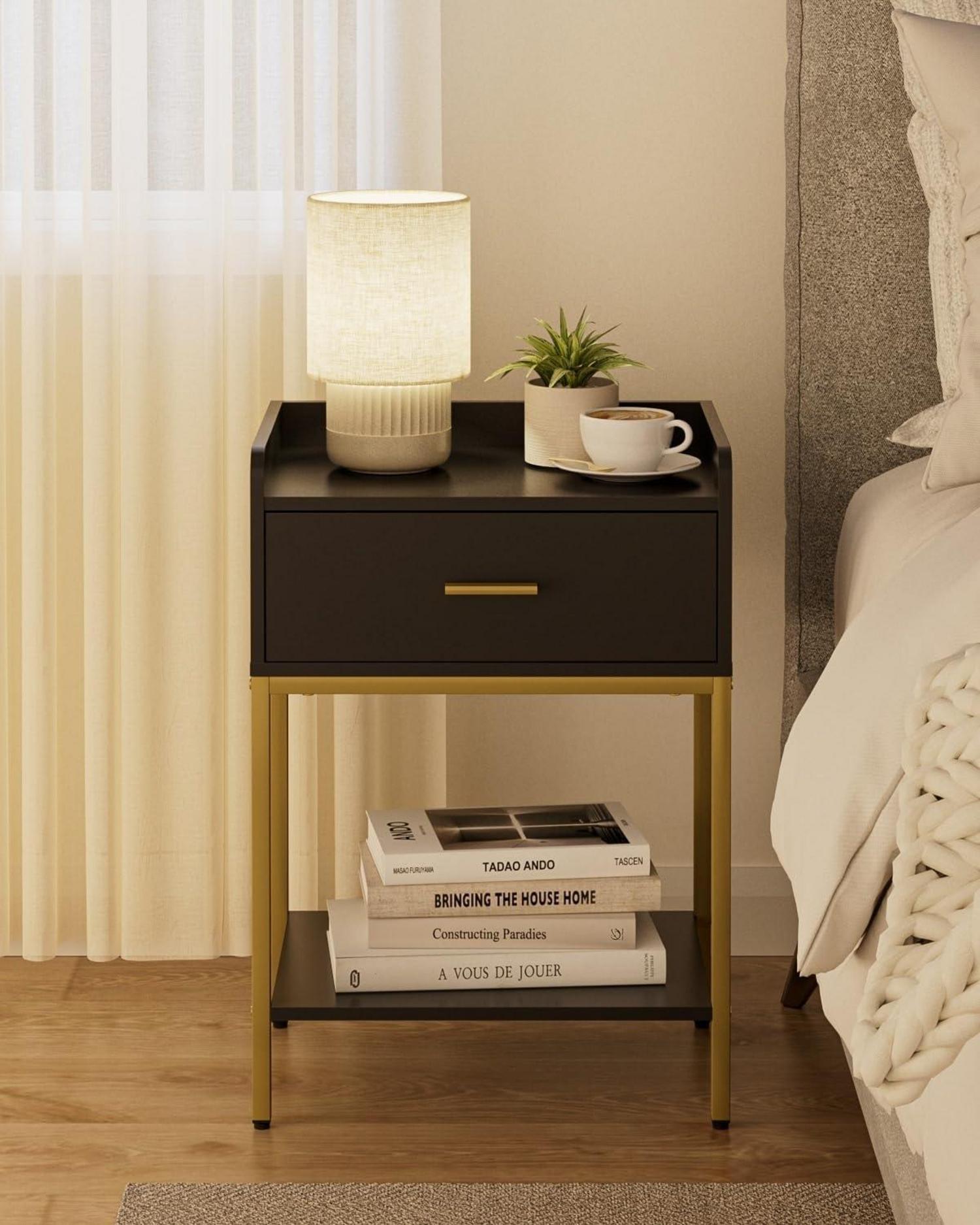 Moderne 3-Tier Nachttisch mit Schublade und Regal, Schwarz