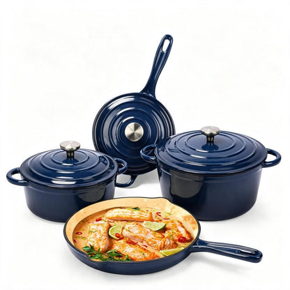 7-teiliges Emaille Gusseisen Kochgeschirr Set mit Dutch Oven