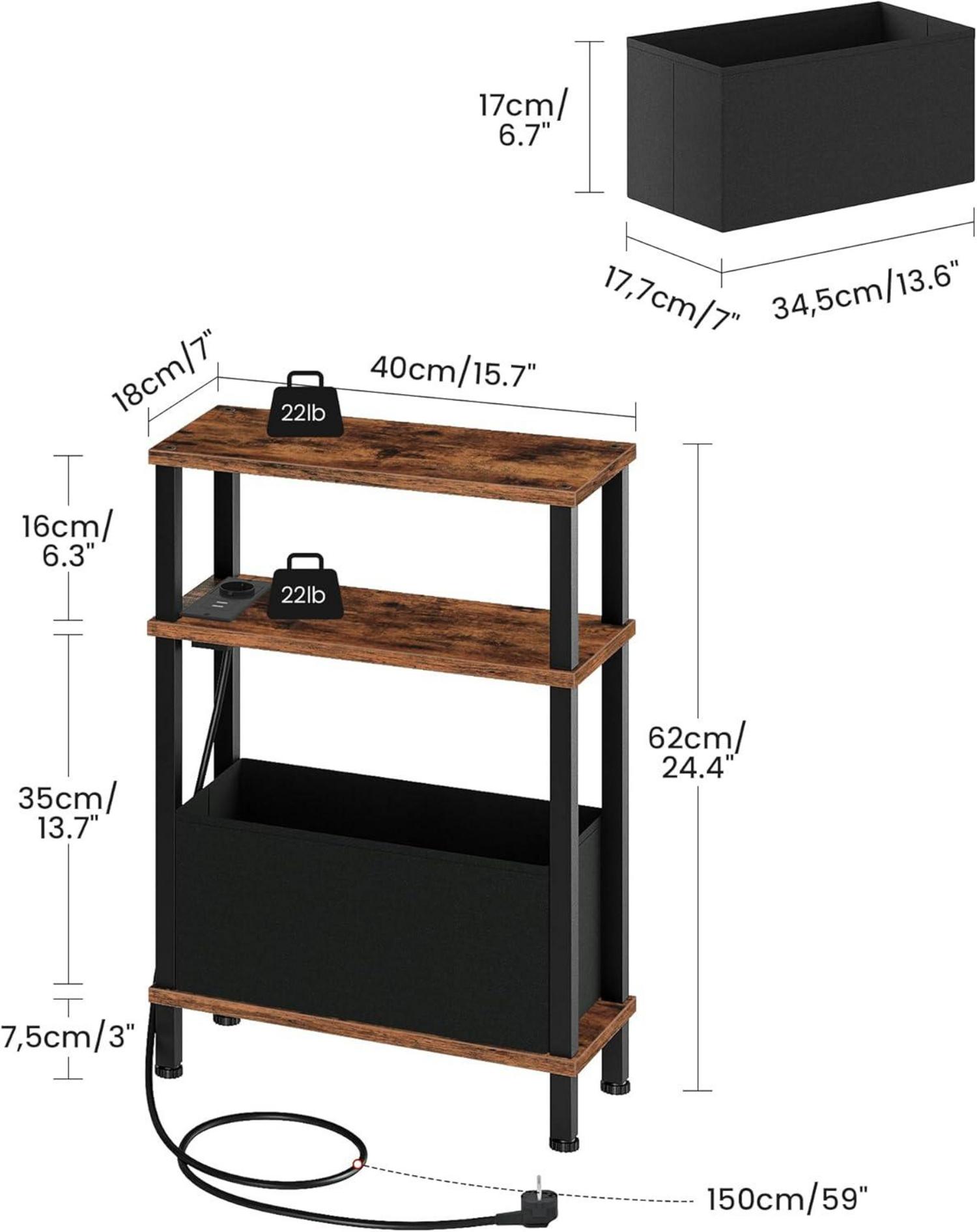3-stufiger schmaler Beistelltisch mit Ladestation und Schublade