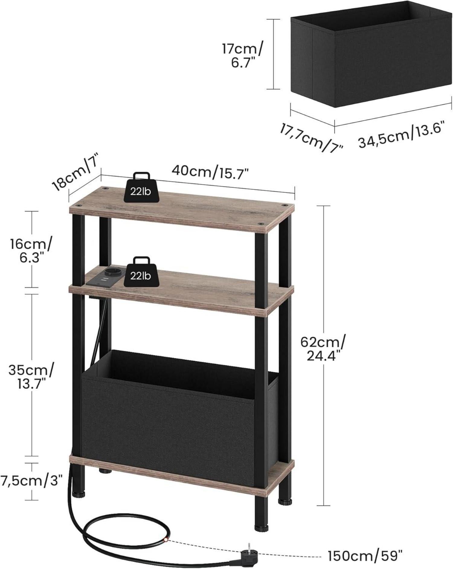 3-stufiger schmaler Beistelltisch mit Ladestation und Schublade