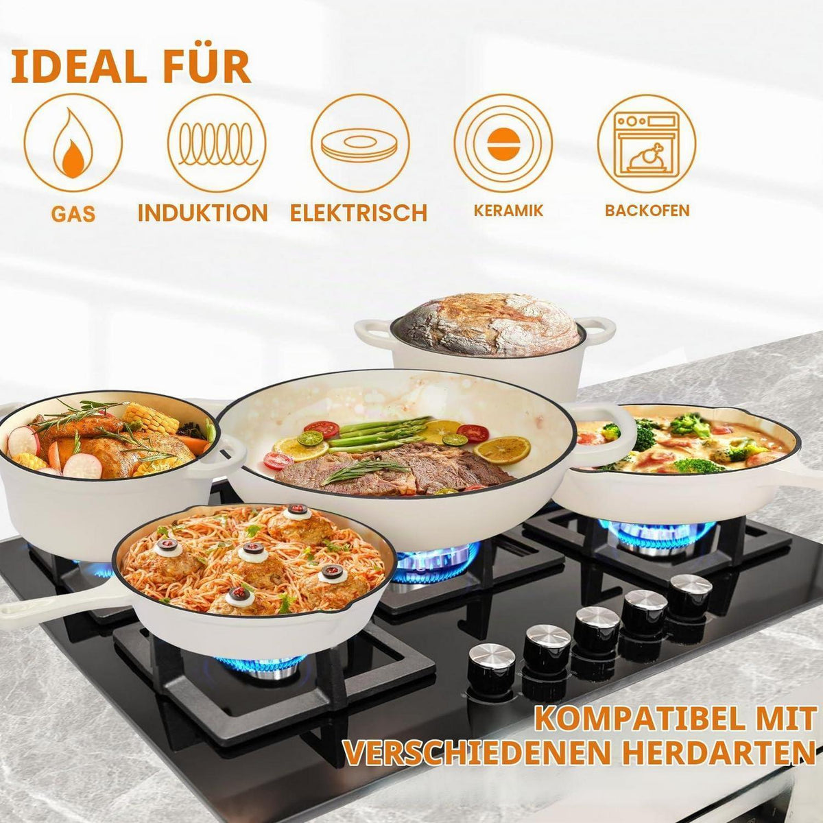8-teiliges Emaille Gusseisen Kochgeschirr Set – Weiß