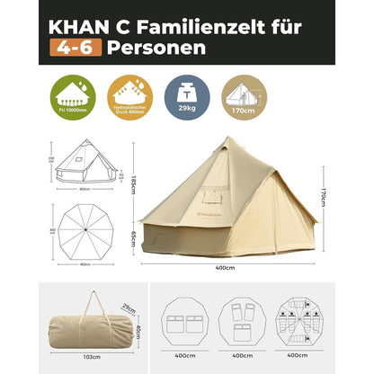 Glampingzelt Baumwolle für 4-6 Personen, wasserdicht, Ganzjahreszelt