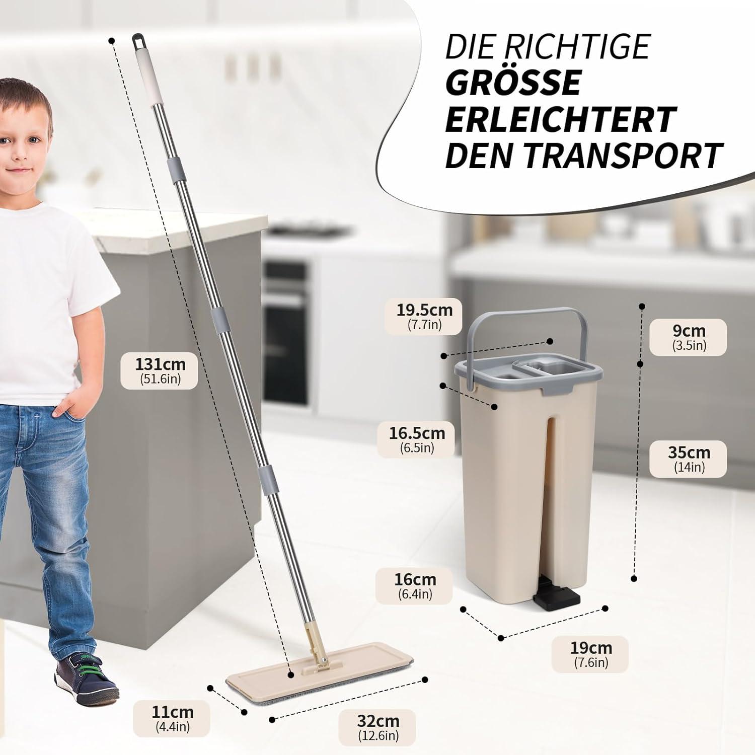 Wischmopp Set mit Eimer und 3 Mikrofaser Wischpads, für Laminat & Fliesen