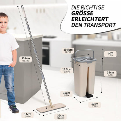 Wischmopp Set mit Eimer und 3 Mikrofaser Wischpads, für Laminat & Fliesen