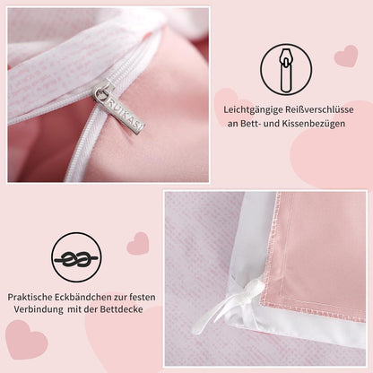Bettwäsche-Set 135x200 4tlg Mikrofaser mit Herzen Weiß Rosa