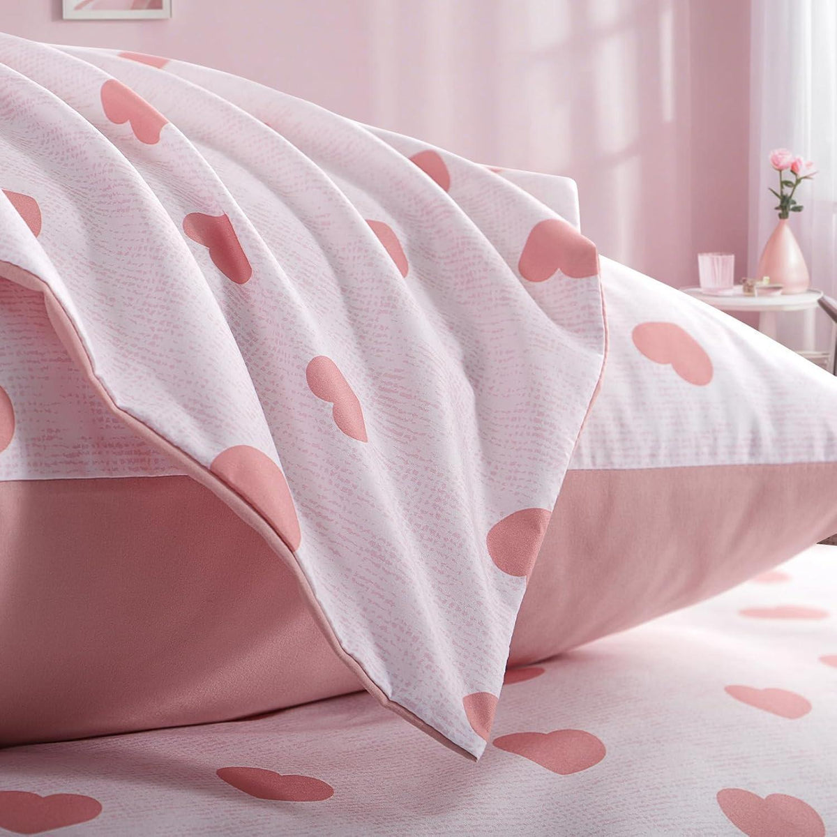Bettwäsche-Set 135x200 4tlg Mikrofaser mit Herzen Weiß Rosa