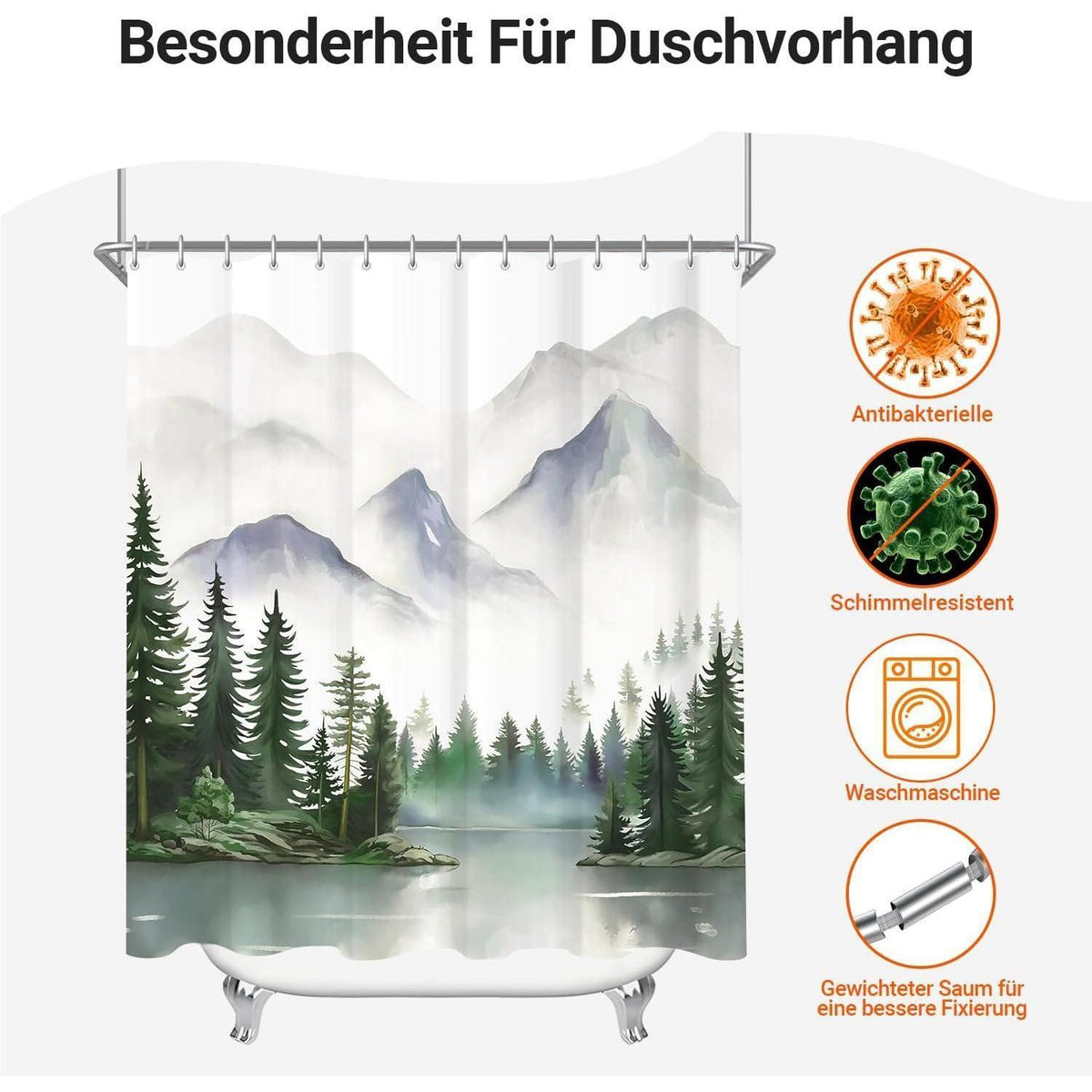 Berge Duschvorhang 240x200cm mit 16 Haken & Beschwerter Saum