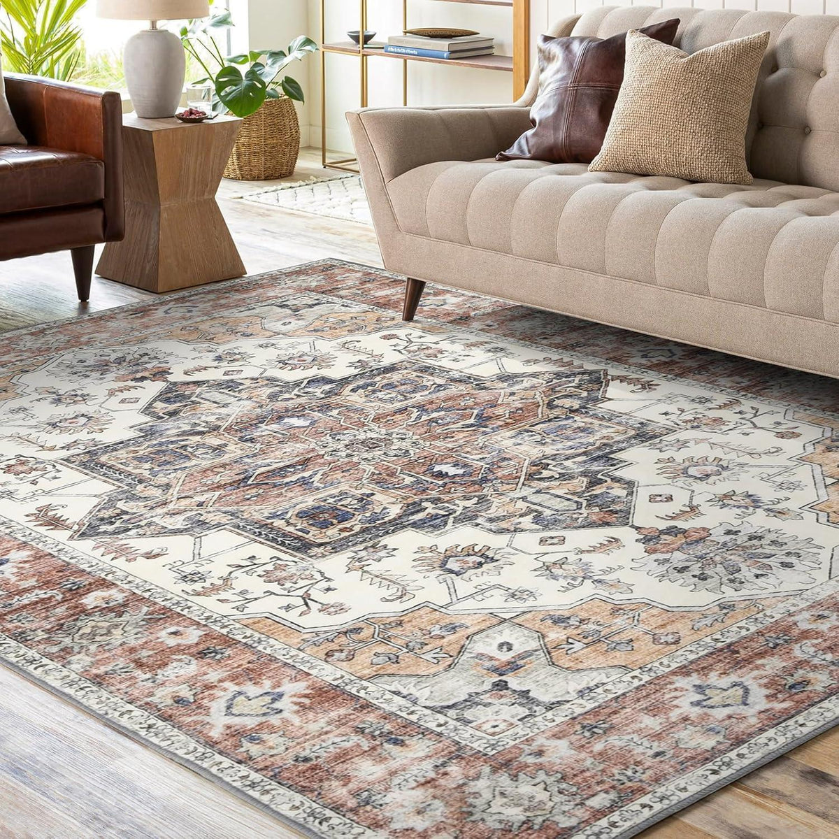 Vintage Teppich Wohnzimmer 160x230cm – Ziegelrot, Kurzflor & Waschbar