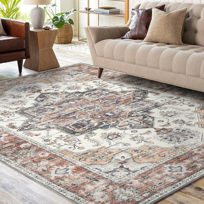 Vintage Teppich Wohnzimmer 160x230cm – Ziegelrot, Kurzflor & Waschbar