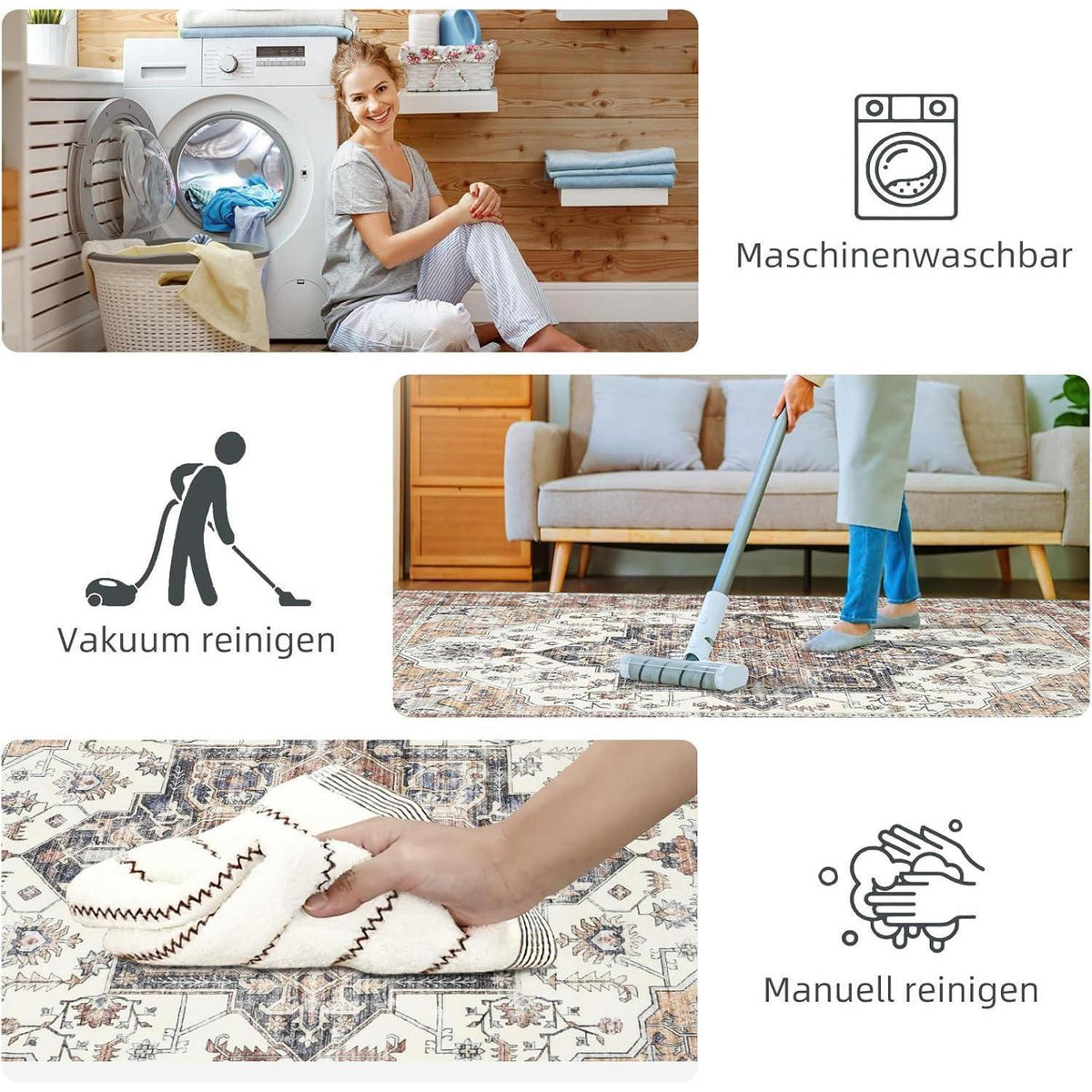 Vintage Teppich Wohnzimmer 160x230cm – Ziegelrot, Kurzflor & Waschbar