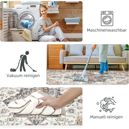 Vintage Teppich Wohnzimmer 160x230cm – Ziegelrot, Kurzflor & Waschbar