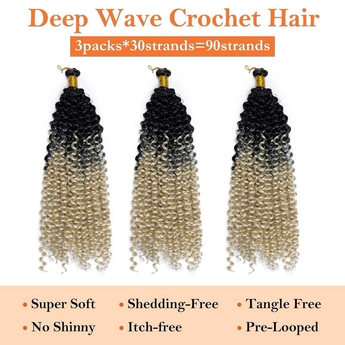 3er Pack Wasserwelle Flechthaar Schwarz Blond 35cm