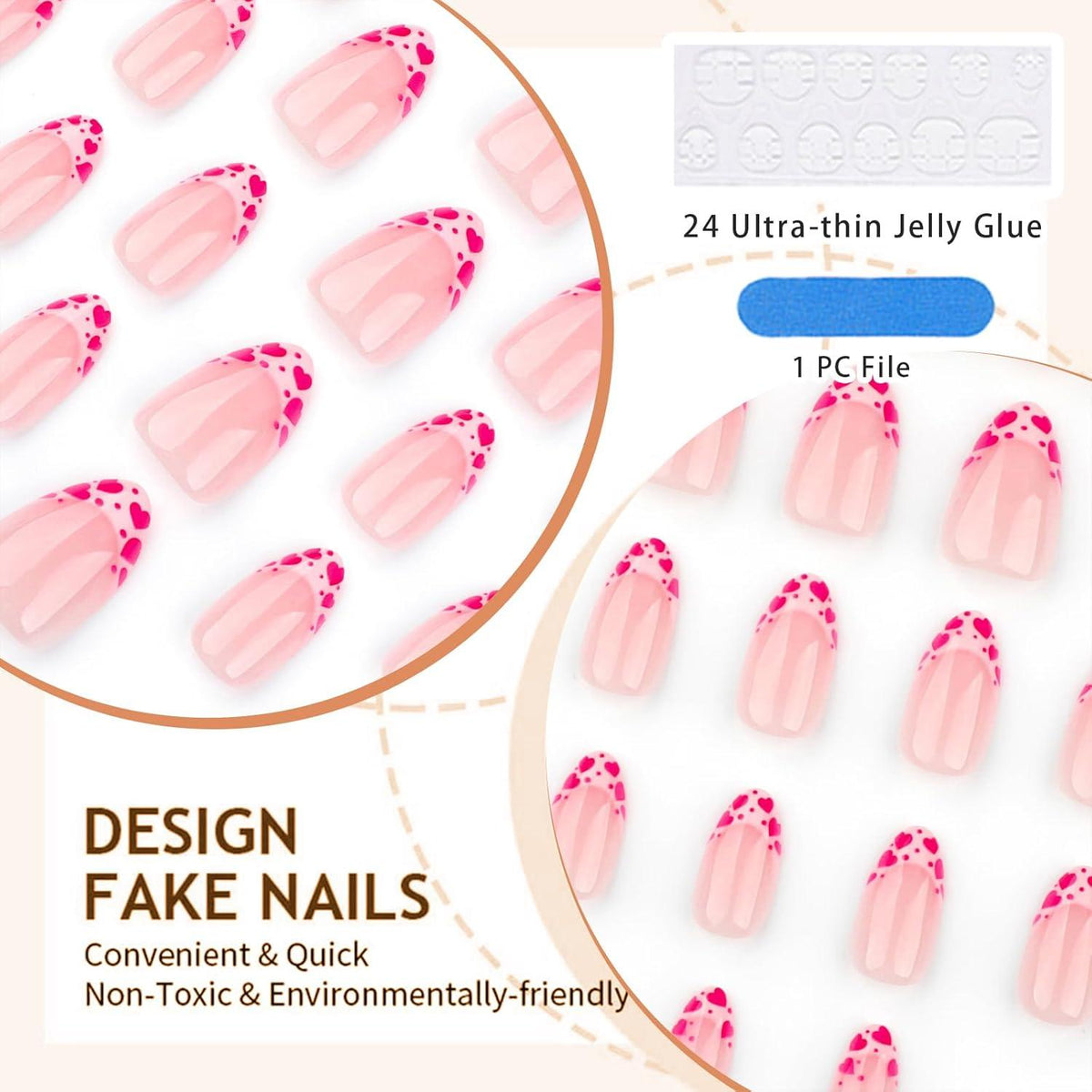 Kurze Press-On Falsche Nägel Mandel Pink Herz Französische Spitze 24