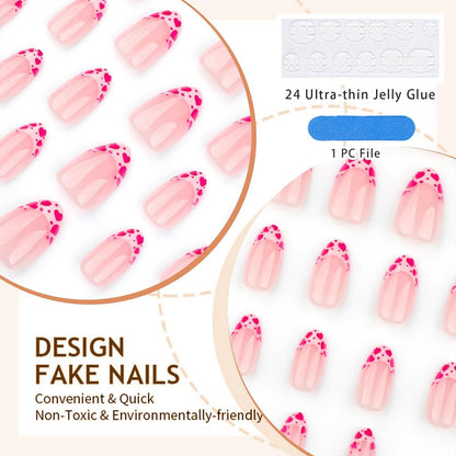 Kurze Press-On Falsche Nägel Mandel Pink Herz Französische Spitze 24