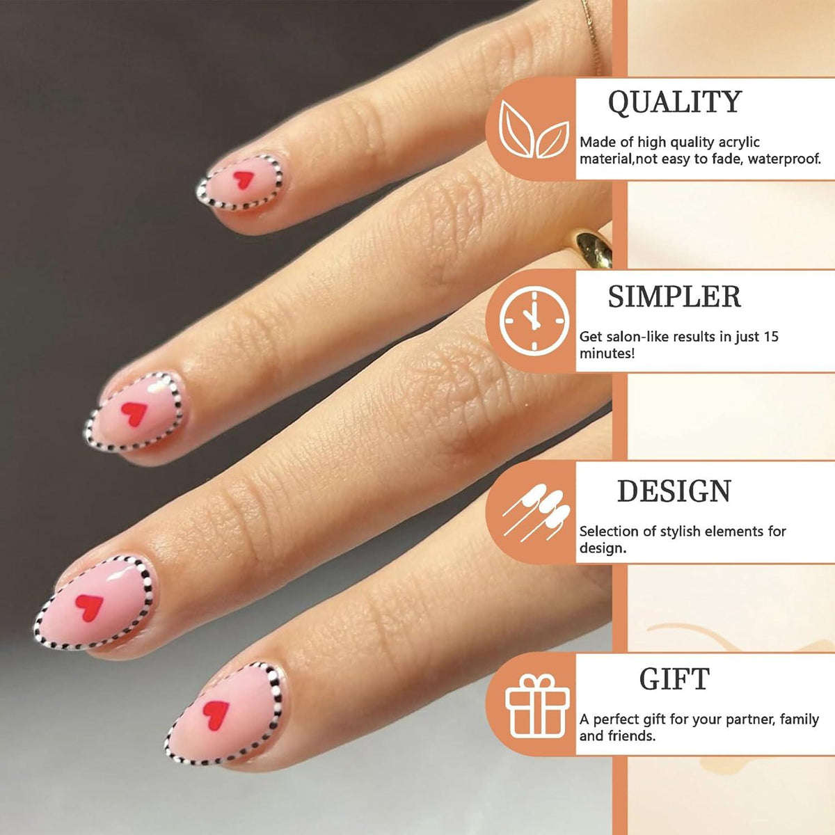 24 Stück Valentins-Press-On Falsch Nägel Mandel French Tip mit Zebra-Streifen Herz-Design