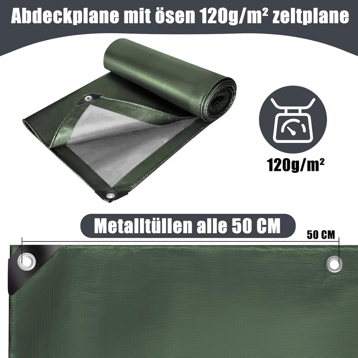Wasserdichte Abdeckplane 6x8m mit Ösen – Grün-Silber