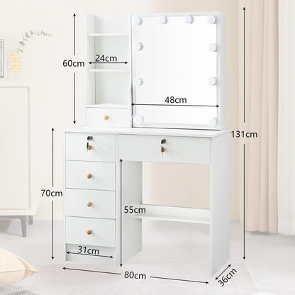 Ereousa Schminktisch mit Beleuchtung und Schiebespiegel Weiß 36x80x131cm