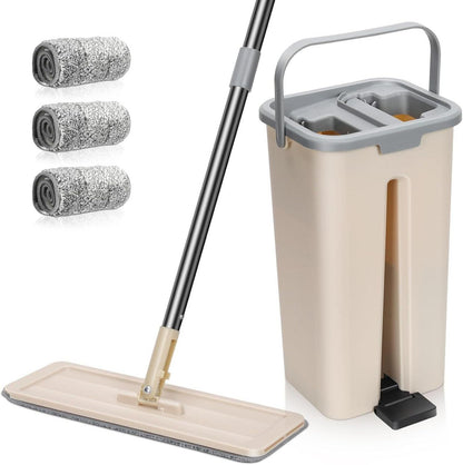 Wischmopp Set mit Eimer, Bodenwischer, Moppkopf, AuswringfunktionBeige