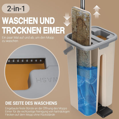 Wischmopp Set mit Eimer, Bodenwischer, Moppkopf, AuswringfunktionBeige