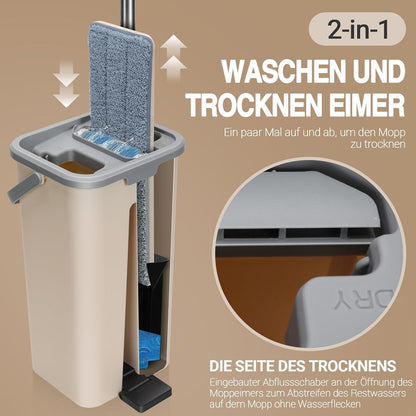 Wischmopp Set mit Eimer und Edelstahlgriff, 3 Moppkopf, 2 in 1 Putzeimer, Flachmopp Wischer mit Auswringfunktion, für Hartholz Laminat Fliesen