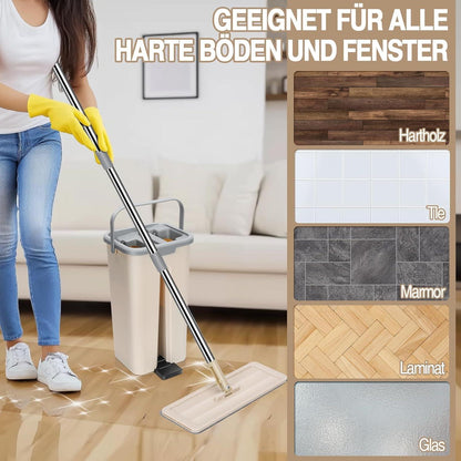 Wischmopp Set mit Eimer und Edelstahlgriff, 3 Moppkopf, Auswringfunktion