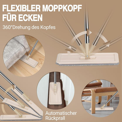 Wischmopp Set mit Eimer und Edelstahlgriff, 3 Moppkopf, Auswringfunktion