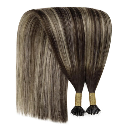 Echthaar Nano Ring Extensions Dunkelbraun Ombre Blond 55cm