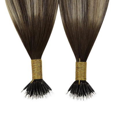 Echthaar Nano Ring Extensions Dunkelbraun Ombre Blond 55cm