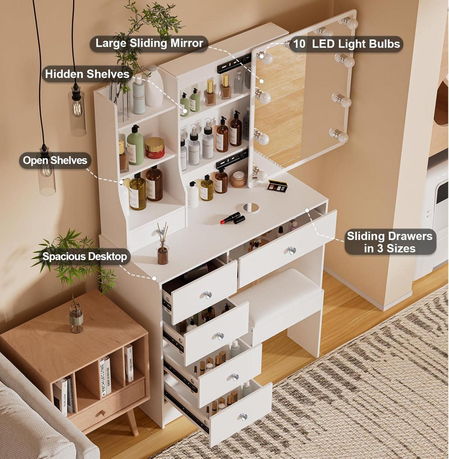 Schminktisch mit Beleuchtung und Spiegel, Frisiertisch mit Hocker - MDF Material - 80x40x130cm