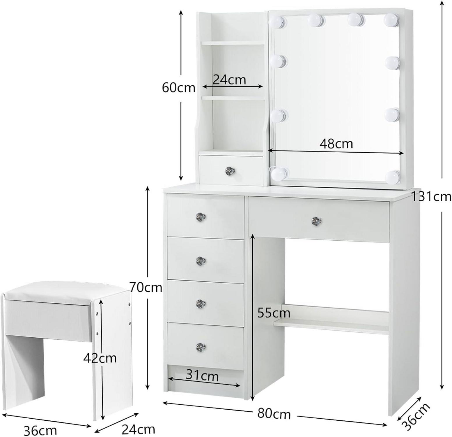 Schminktisch mit Beleuchtung und Spiegel, Frisiertisch Hocker 80x36x131cm