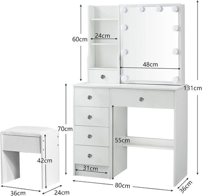 Schminktisch mit Beleuchtung und Spiegel, Frisiertisch Hocker 80x36x131cm
