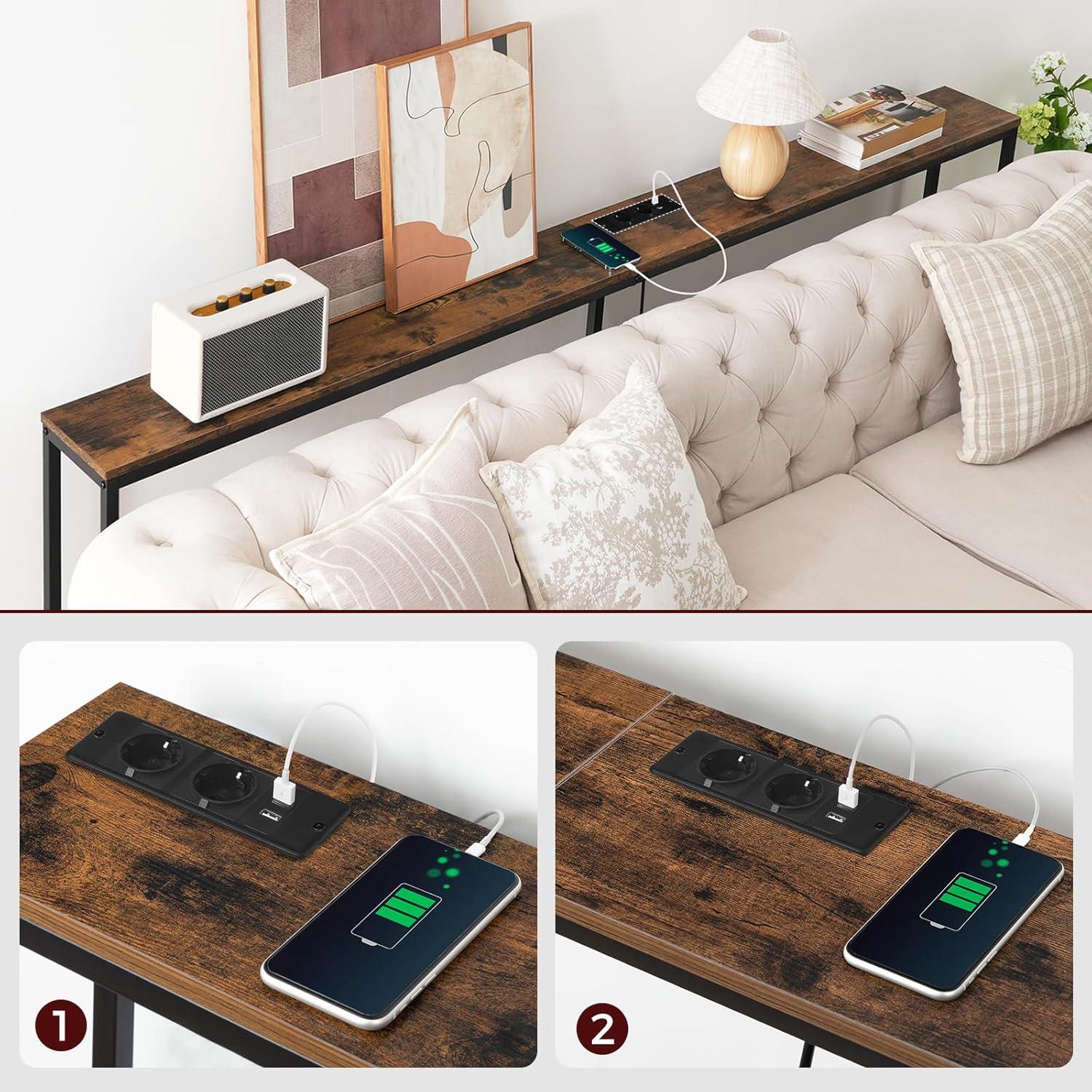 Konsolentisch 200cm Ladestation USB Vintagebraun Eingangstisch