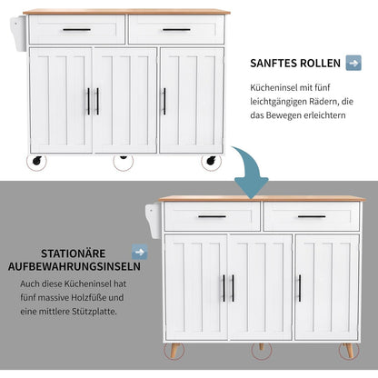 Freistehende Kücheninsel mit Klappplatte & Schubladen (Weiß)