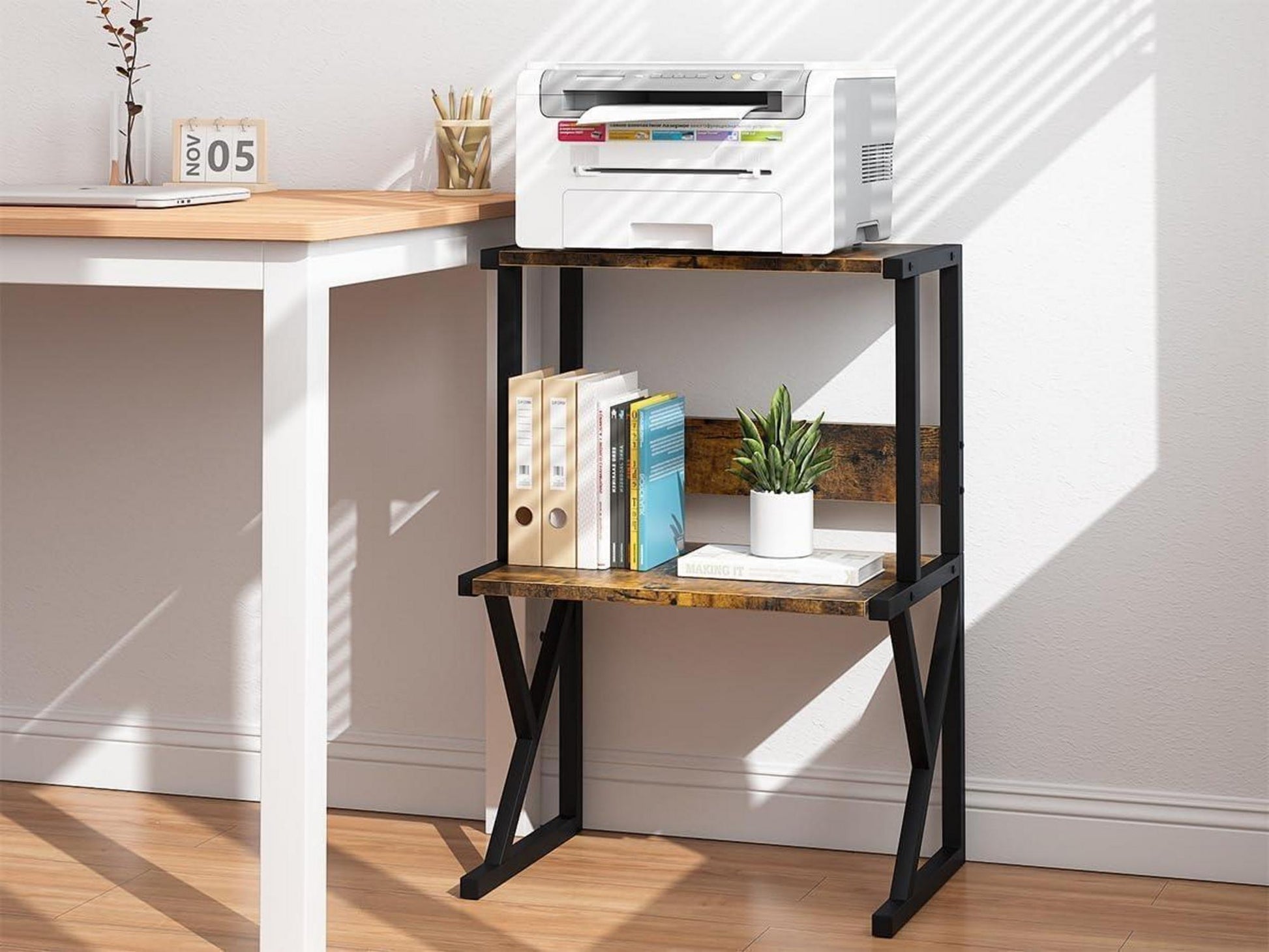 3-Ebene Druckerständer Braun für Büro Zuhause Schule - Druckerregal Organizer Industrie-Design