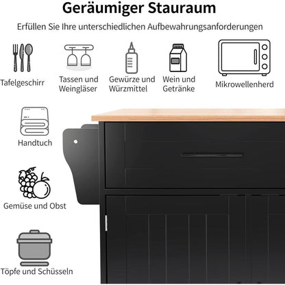 Freistehende Kücheninsel mit Klappplatte & Rollen – Schwarz
