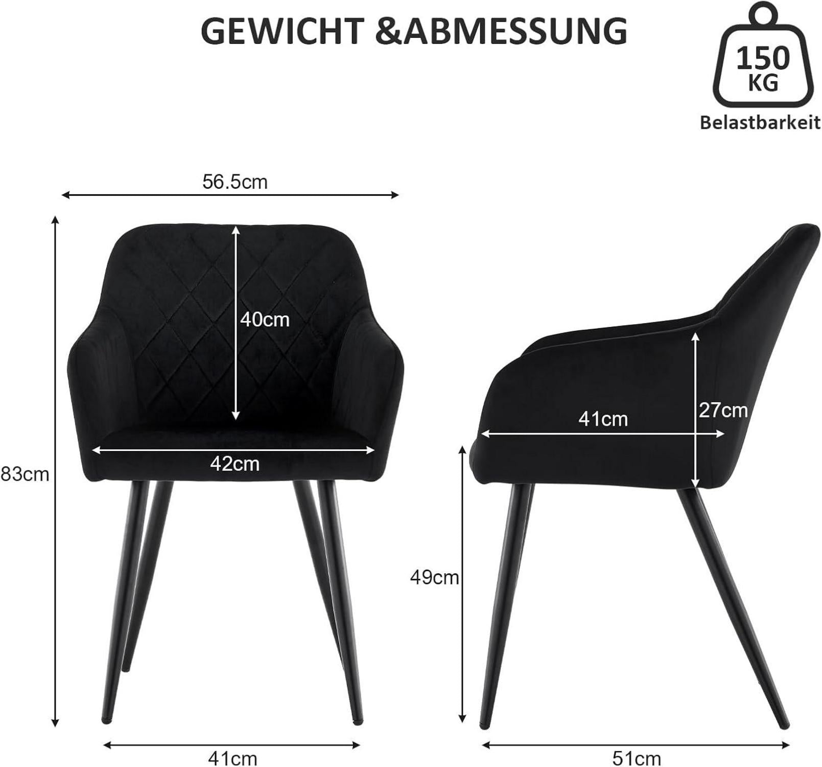Esszimmerstuhl Samt Schwarz Armlehne Metallbeine Polstersessel