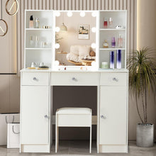 Schminktisch mit Beleuchtung, Spiegel, Hocker, MDF, Weiß, 100x40x140cm