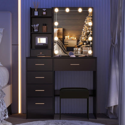 Schminktisch mit Beleuchtung und Hocker, Schwarze