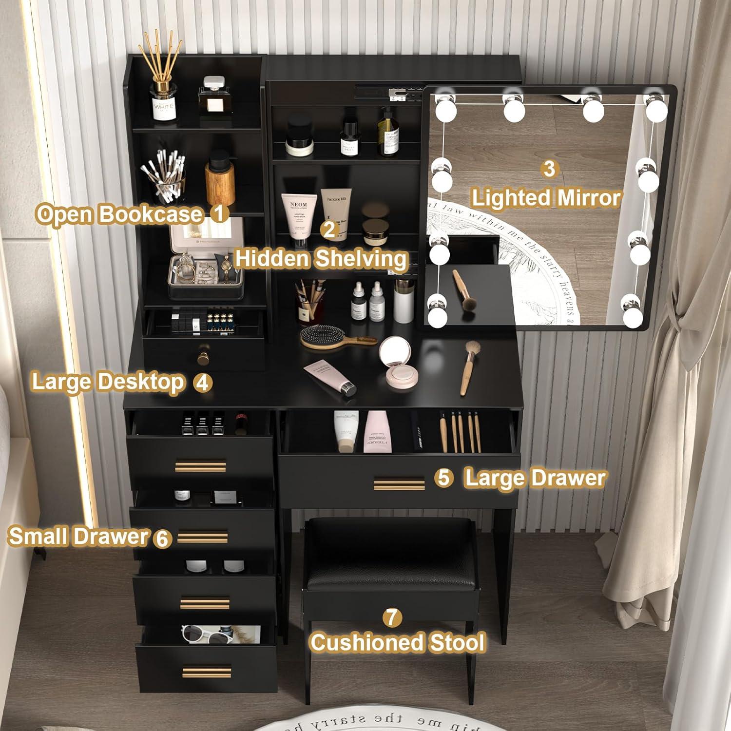 Saimeihome Schminktisch Beleuchtung Hocker Schwarz 80x36x130CM